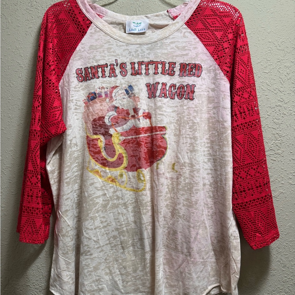 L&B Red and Cream Santa's Wagon Kids Long Sleeve Tee